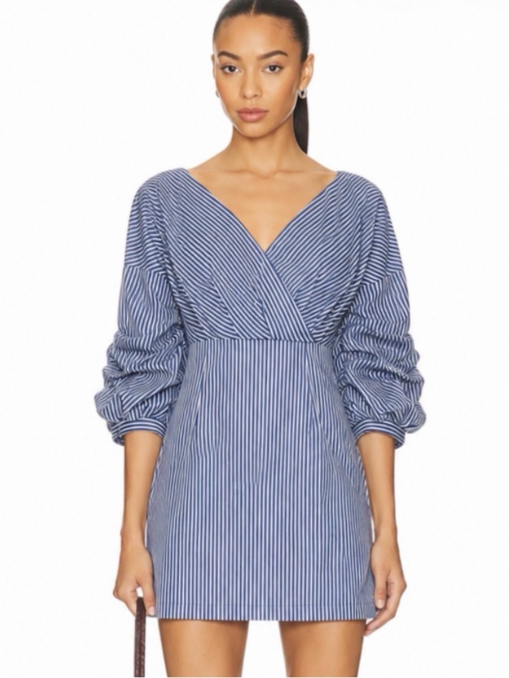 Revolve J.O.A. Mercer Pinstripe Ruched Poplin Mini Dress Size M